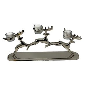 Three Leaping Reindeer and Glass Votive Candle Holder.